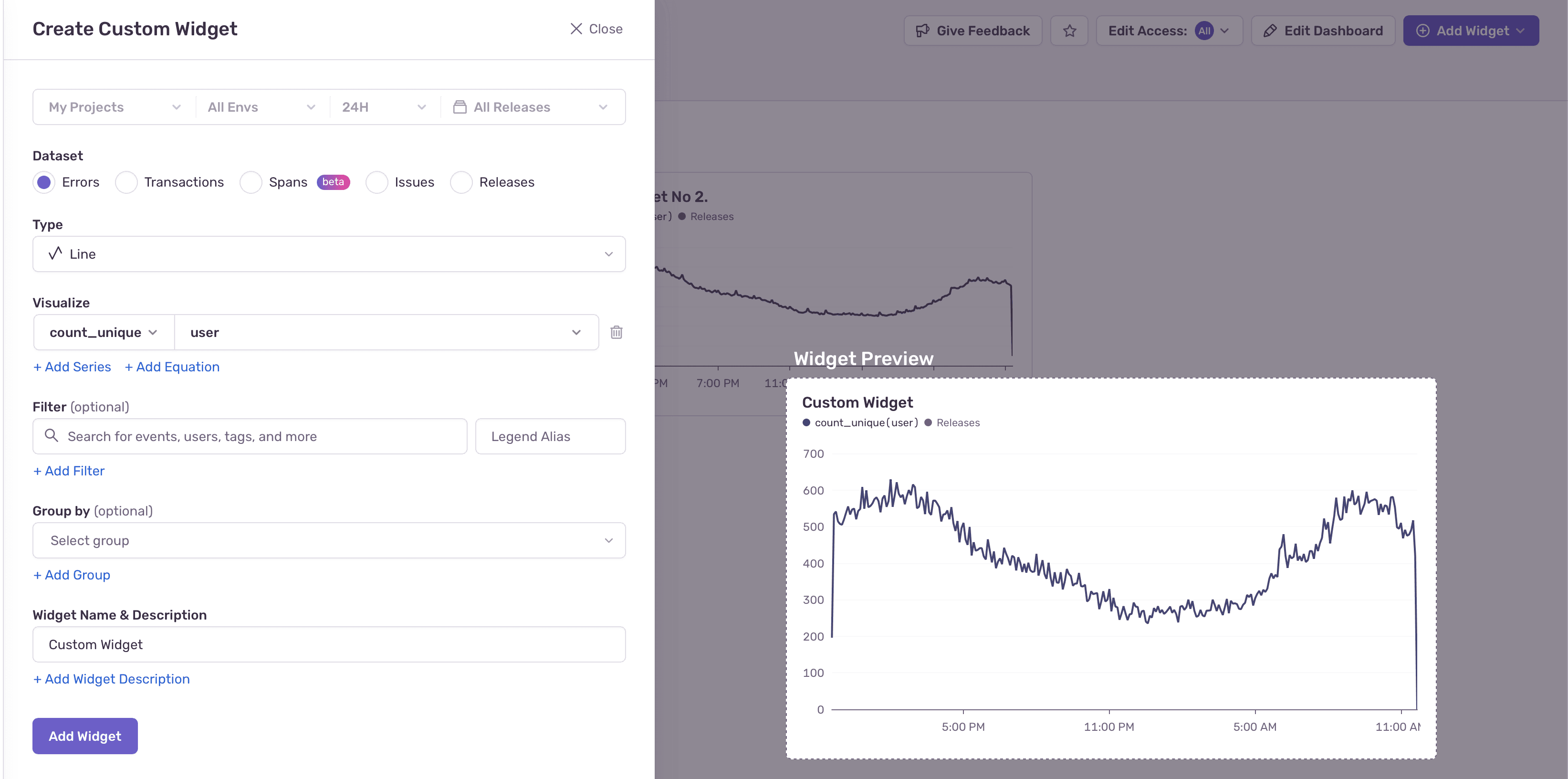 Improved dashboard widget creation